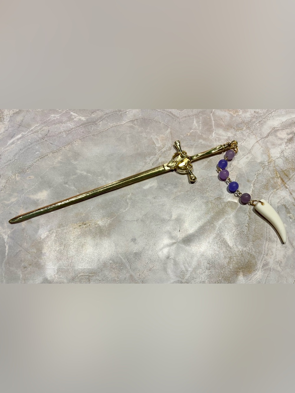 “Tessaiga” Hair Stick with Purple Beads and Ivory Charm